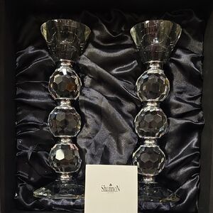 Shannon Afterglow Crystal Candlesticks Pair with Silver Accent Bands